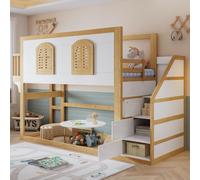 Cama infantil STILVORA de 90x200 cm con armario escalonado, cama alta con zona de juegos y diseño de ventana, y cama juvenil con estructura de somier resistente. Color: blanco y color natural