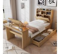 Cama infantil STILVORA de 90x200 cm con espacio de almacenamiento y estante en la cabecera. Cama juvenil con cajón extraíble y mesa abatible. Cama individual, flexiblemente montable