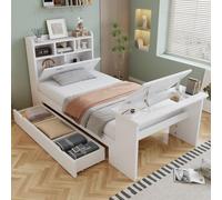 Cama infantil STILVORA de 90x200 cm con espacio de almacenamiento y estante en la cabecera. Cama juvenil con cajón extraíble y mesa abatible. Cama individual, flexiblemente montable