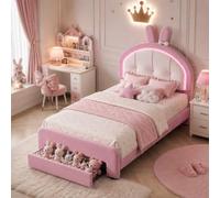 Cama infantil tapizada 90 x 200 cm con cajón, cabecero ajustable | Princesas Camas, Estructura de cama con somier, cama individual para niñas, espacio de almacenamiento, cama juvenil