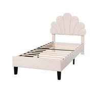 Cama infantil tapizada 90x200 cm cabecero floral, somier de láminas, terciopelo, cama juvenil niñas beige