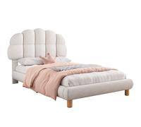 Cama infantil tapizada blanca 90x200 cm con cabecero acolchado, cama individual juvenil con somier de láminas de madera para dormitorio infantil y habitación juvenil