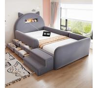 Cama infantil tapizada de 90x200 cm con tela de terciopelo, cabecero en forma de oreja, cajones de almacenamiento, luz nocturna y puerto USB, gris oscuro