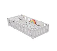 Cama infantil tipo cabaña de 80×160 cm en pino macizo con barandilla de seguridad y somier de láminas - blanca, estilo divertido