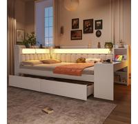 Cama juvenil con detalles en cuero y puertos USB. Cama tipo sofá convertible en cama doble con estantería. Cama de madera, modelo clásico con escritorio y cajones. Cama para niños, color blanco