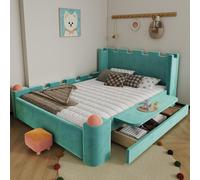 Cama juvenil MODFU de 140x200 con cajón de almacenamiento, cama infantil con mesita abatible, cama tapizada con diseño de castillo, terciopelo, sin colchón, azul verdoso