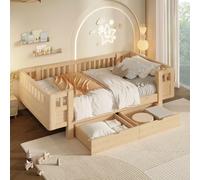 Cama juvenil MODFU de 90x200 cm con 2 cajones, estructura de cama para niños con barandilla, cama plataforma de madera maciza, sin colchón, color madera