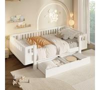 Cama juvenil MODFU de 90x200 cm con 2 cajones, estructura de cama para niños con barandilla, cama plataforma de madera maciza, sin colchón, color blanco