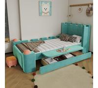 Cama juvenil MODFU de 90x200 cm con cajón de almacenamiento, cama infantil con mesita abatible, cama tapizada con diseño de castillo, terciopelo, sin colchón, azul verdoso