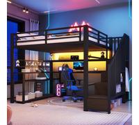 Cama juvenil okwish de 140x200 con armario, cama alta con escritorio y luces LED, armario con estantes abiertos, color , sin colchón
