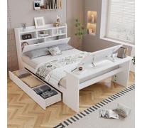 Cama juvenil okwish de 140x200 con colchón y mesita abatible, cama individual con cabecero con espacio de almacenamiento y cajones, cama infantil en blanco