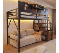 Cama juvenil okwish de 90x200 cm con barra de luz y barandilla elevada, cama alta con espacio de almacenamiento y estante, cama individual negra, sin colchón