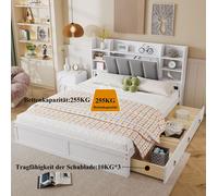 Cama juvenil STILVORA, 160x200 cm, cama tapizada con estantería abierta, tres cajones con ruedas, tiradores de metal, compartimento de almacenamiento con puerta abatible, color blanco y gris