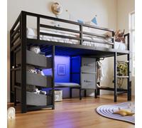 Cama juvenil STILVORA de 90x200 cm con cojín para sentarse y cajón de almacenamiento con tejido, cama alta con bolsa de almacenamiento de tela, cama infantil con zona de ganchos para ropa, estructura 