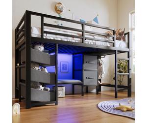 Cama juvenil STILVORA de 90x200 cm con cojín para sentarse y cajón de almacenamiento con tejido, cama alta con bolsa de almacenamiento de tela, cama infantil con zona de ganchos para ropa, estructura 