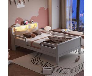 Cama LED de 90x200 cm para niños, con barandillas de protección y cabecero con espacio de almacenamiento. Cama individual para niños con enchufe combinado USB-Type-C. Estructura de cama de madera con 