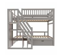 Cama litera 90*200 cm - con alto panel de seguridad, con somier, escalera de seguridad con almacenamiento, con cajones, cama infantil juvenil - gris