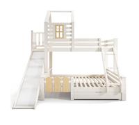 Cama litera 90x200 & 140x200 cm - casa con cajón, tobogán y escalera - diseño de cabaña