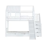 Cama litera 90x200 - casa con escalera y tobogán, escalera con almacenamiento, ventana y techo, barandilla de seguridad, cajón - blanco