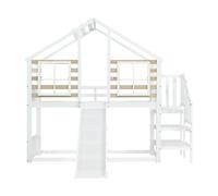 Cama litera 90x200 cm - cama de madera con escalera y barandilla, con tobogán y ventana - blanca