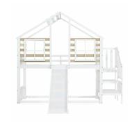 Cama litera 90x200 cm - cama de madera con escalera y barandilla, con tobogán y ventana - blanca