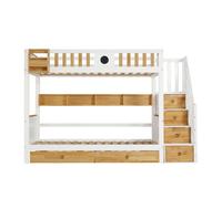 Cama litera 90x200cm - con almacenamiento, con 4 compartimentos en la escalera, con barandilla de seguridad y 2 cajones - blanco+natural