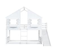 Cama litera 90x200cm - con tobogán, techo y ventana, con protección anticaída y escalera de 3 peldaños - blanca