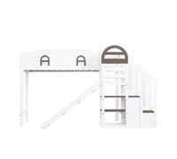 Cama litera 90x200cm - con ventana, con tobogán, escalera con barandilla, 2 cajones en la escalera, diseño versátil, gran capacidad de almacenamiento - blanco+madera