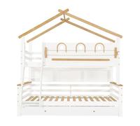 Cama litera 90x200cm y 120x200cm - con 2 cajones con ruedas, escalera inclinada, diseño de techo - blanco+natural