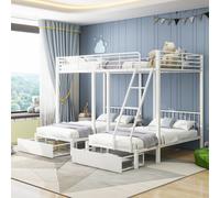 Cama litera Flieks con barandillas de seguridad, cama alta con escalera y estante, cuna para niños con somier y cajones, cama litera de metal para 3 niños, 90/140x200 cm, color blanco