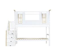Cama litera infantil 90x200 cm - escalera de almacenamiento, ventanas exquisitas, techo ondulado - blanco+natural