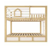 Cama litera infantil 90x200 cm - estilo cabaña, ventana, barandilla de seguridad, escalera recta, almacenamiento hidráulico para 2 niños - roble/blanco