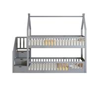 Cama litera infantil 90x200 - madera maciza con techo, escalera de seguridad y cajones de almacenamiento - gris