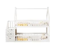 Cama litera infantil 90x200 - madera maciza con techo, escalera de seguridad y cajones de almacenamiento - blanco