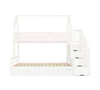 Cama litera infantil 90x200cm & 140x200cm - 2 cajones con ruedas, diseño de techo, barandilla de seguridad - blanco