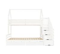 Cama litera infantil 90x200cm & 140x200cm - 2 cajones con ruedas, diseño de techo, barandilla de seguridad - blanco