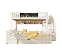 Cama litera triple 90x200 & 140x200 - madera maciza, pizarra, escalera con almacenamiento, 2 cajones - blanco