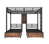 Cama literas 140 x 200 cm + 90 x 200 cm - 3 camas, con barreras laterales, con compartimentos de almacenamiento, 2 cajones, estantes, sin colchón - negro