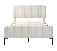 Cama Matrimonial Acolchada en Tela de Lino 160x200 cm con Cabecera Ajustable y Somier de Láminas Sin Colchón Gris-Beige