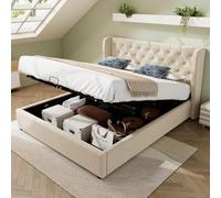 Cama Matrimonio 140x200 con somier de láminas,Cama con Espacio de Almacenamiento,Cama Doble,Cama tapizada,Tela de Terciopelo,Costuras de Botones Grandes,Cama Funcional hidráulica, Beige