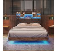 Cama Matrimonio 160x200 con led, Cama Matrimonial con Almacenamiento Cama Tapizada con USB y luz led Color ajustable Marco de Cama de Metal con Estación de Carga y Cabecero de Madera, Sin Colchón