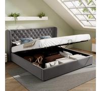 Cama Matrimonio 180x200 con Somier de Láminas, Cama Doble con Espacio de Almacenamiento, Tapizada en Terciopelo Gris, Costuras de Botones Grandes, Funcional Hidráulica