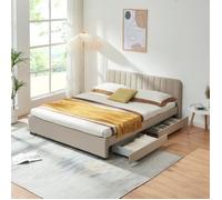 Cama matrimonio nofrenna 4 cajones tapizada lino 160x200 cm beige [en.casa]