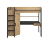 Cama mezanina con escritorio y almacenajes - acabado roble y negro