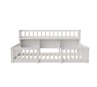 Cama Montessori 140×200 cm en madera blanca con estantería integrada y barandilla de seguridad, espacio de almacenamiento y decoración para habitación infantil