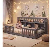 Cama Montessori 90 x 200 cm con almacenamiento y biblioteca, cama en el suelo infantil 90 x 200 con barrera de seguridad y somier de láminas, marco de camas infantiles de madera maciza, niños y niñas