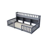 Cama Montessori 90x200 cm gris con estantería integrada, barandilla de seguridad y estructura de madera maciza para dormitorio infantil