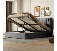 Cama Moonbite con espacio de almacenamiento, 160x200 cm, color beige, para matrimonio, con lámpara de lectura abatible, LED, puerto USB y cajón de almacenamiento