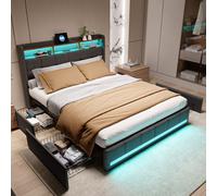 Cama Moonbite con espacio de almacenamiento, 160x200 cm – Estructura de apoyo permanente en el mostrador central, 4 cajas de almacenamiento, iluminación LED con placa frontal, 2 puertos USB y un puert