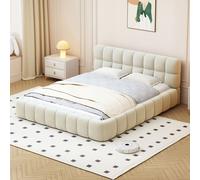 Cama Moonbite de 140x200 cm, tapizada en lino claro con un suave acolchado de burbujas en la parte del respaldo, borde perimetral y somier de láminas. Material: lino. Color: beige